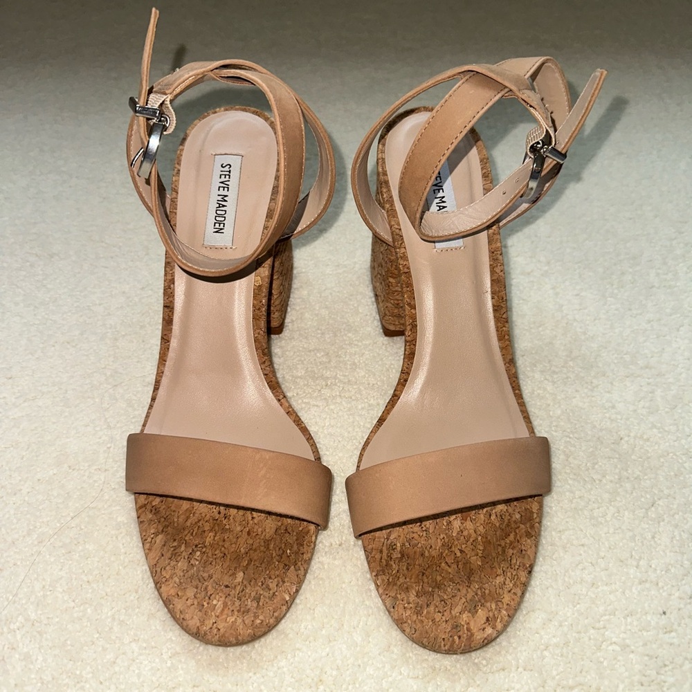 Steve Madden Two Strap Tan “Cork” Heeled Sandal- Size 11